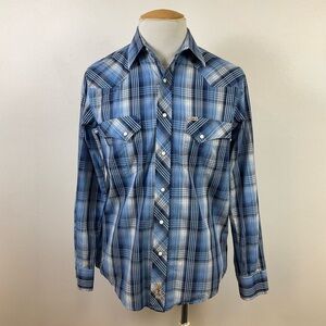 RAFTER C Blue Plaid Pearl Snap Front Western Yoke Long Sleeve Shirt, sz MD